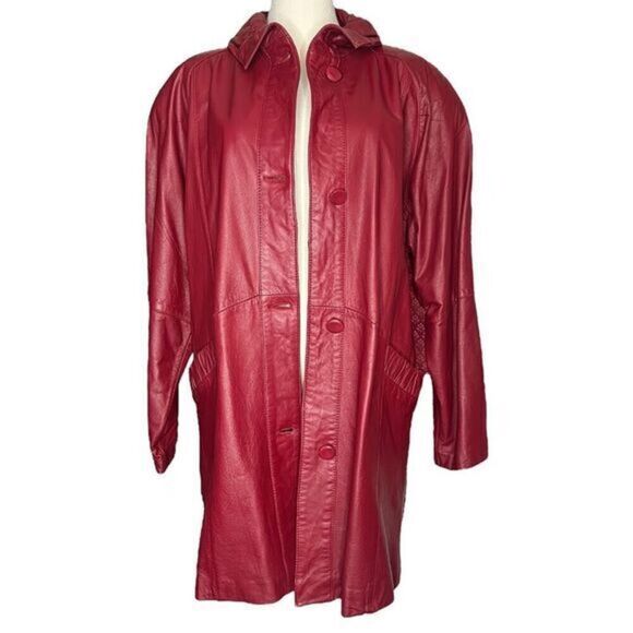 PELLE Red Leather Mid Length‎ Jacket Fully Lined Shoulder Pads Size Medium - Picture 2 of 12